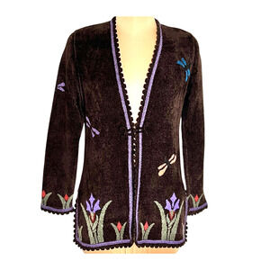 Vintage French Rags Cardigan Sweater Medium Brenda French Floral Dragonfly USA